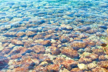 Altında taşlar olan tropik şeffaf su.
