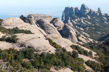 Panoramic view of Montserrat mountains . Highlights of Barcelona Montserrat in Spain