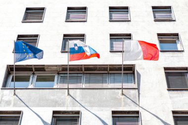 Academy of Music in Ljubljana . National flags of Slovenia and European Union