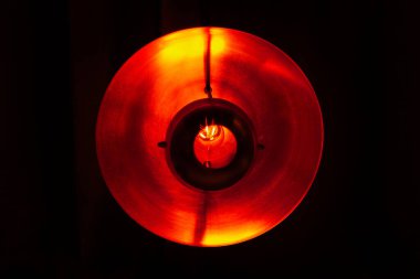 Warm light at dark background . Lamp with Light Reflector . Decorated electric lighting with bulb