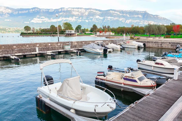 Motorboats Moored Harbor Boats Lac Bourget France — Stockfoto