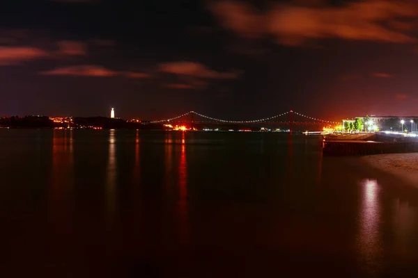Vista Nocturna Del Río Tajo Lisboa Ponte Abril Noche — Foto de Stock