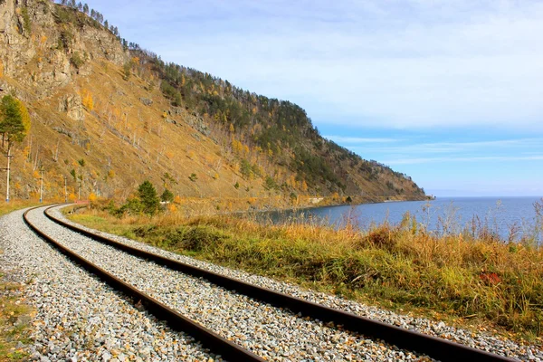 Cirum-Baikal Ferrocarril a lo largo del lago Baikal, Rusia Parte del histórico Transiberiano Ferrocarril Imagen de archivo