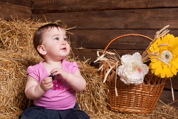 A girl in the hay near flowers — Stock Photo, Image