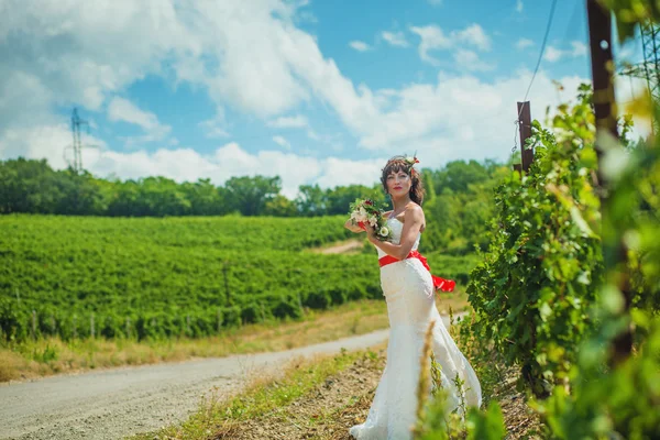 Braut in der Nähe von Weinbergen — Stockfoto