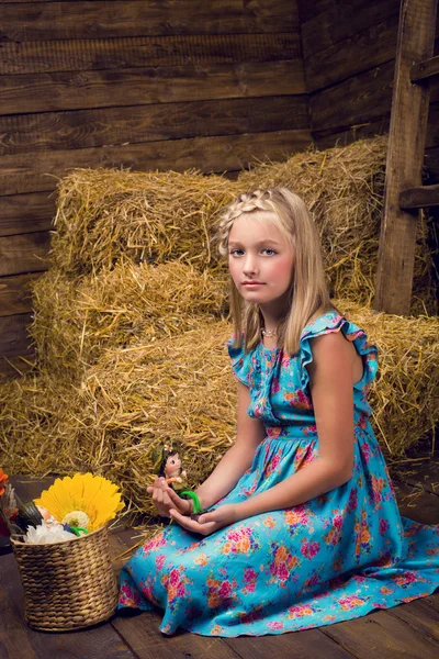 Egy aranyos lány a hayloft — Stock Fotó
