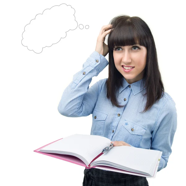Ein nachdenkliches College-Mädchen mit Stift und Lehrbuch, isoliert auf wh — Stockfoto