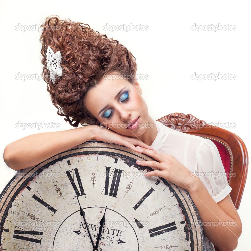 Portrait Of A Beautiful Girl With A Big English Clock Stock Photo Portrait Of A Beautiful Girl With A Big English Clock Stock Photo