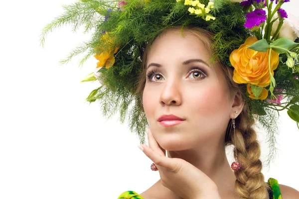 Beautiful woman with flower wreath. Space for text. — Stock Photo, Image