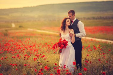Gelin ve damat bir haşhaş alanındaki