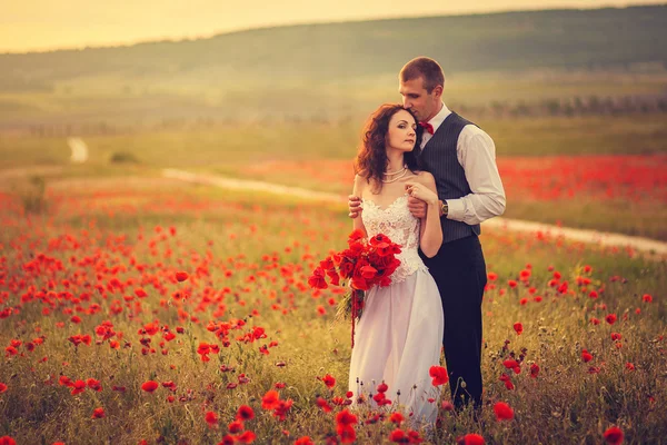 Nevěsta a ženich v makovém poli — Stock fotografie