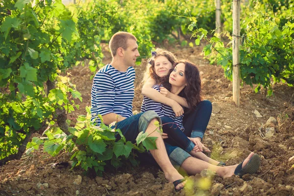 Familia en la camisa a rayas en el viñedo — Foto de Stock