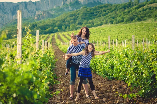 Family in the striped shirt in the vineyard — Stock Photo, Image