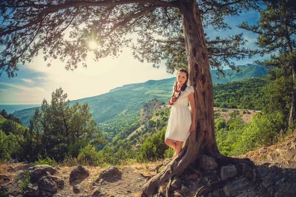 Krásná žena v blízkosti stromu, která je vysoko v horách — Stock fotografie