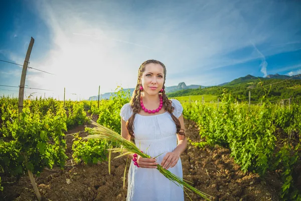 Vacker flicka i sommar vingård — Stockfoto