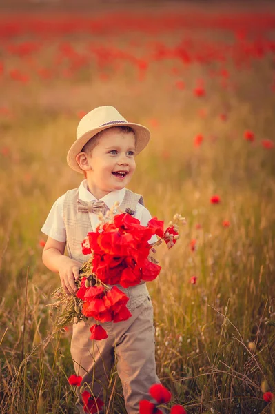 Un garçon avec un bouquet de coquelicots — Photo
