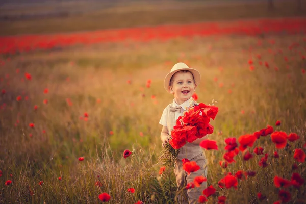 Un garçon avec un bouquet de coquelicots — Photo