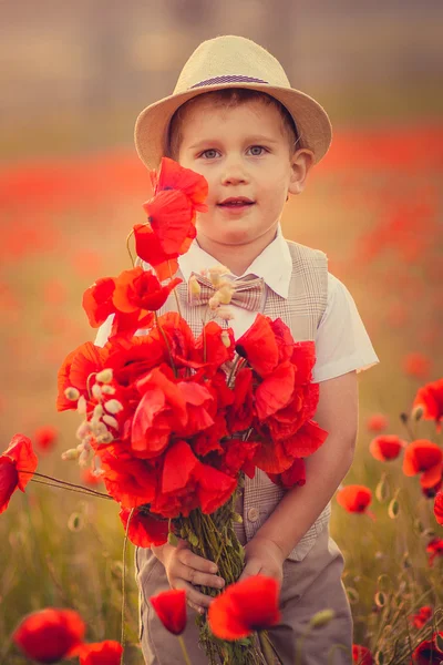 Um menino com um buquê de papoilas — Fotografia de Stock