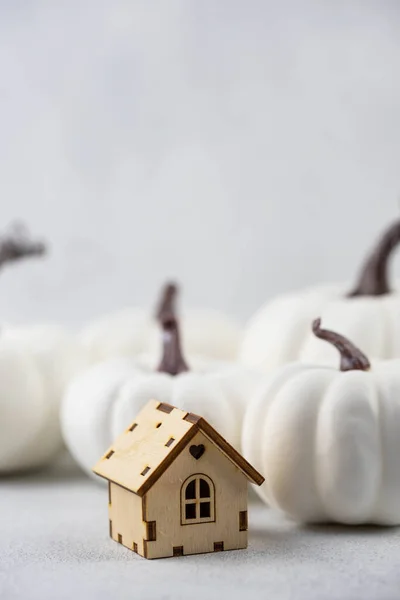 Klein Speelgoedhuisje Met Halloween Thanksgiving Dag Witte Pompoenen Witte Achtergrond — Stockfoto