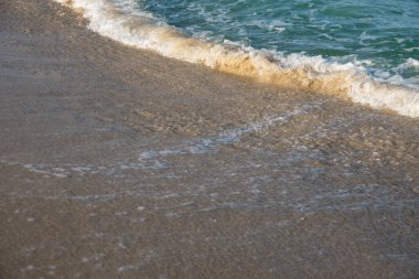Deniz ya da okyanus manzarası. Güneşin altında deniz dalgaları. Yaz tatili ve seyahat konsepti. Su dalgası yüzeyi. Kumsal. 