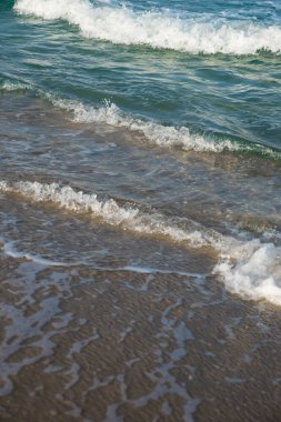 Deniz ya da okyanus manzarası. Güneşin altında deniz dalgaları. Yaz tatili ve seyahat konsepti. Su dalgası yüzeyi. Kumsal. 