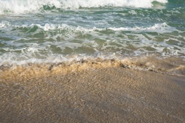 Deniz ya da okyanus manzarası. Güneşin altında deniz dalgaları. Yaz tatili ve seyahat konsepti. Su dalgası yüzeyi. Kumsal. 