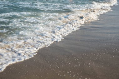 Deniz ya da okyanus manzarası. Güneşin altında deniz dalgaları. Yaz tatili ve seyahat konsepti. Su dalgası yüzeyi. Kumsal. 