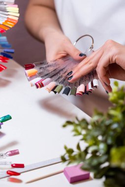 Güzellik salonunda bir müşterisi olan usta manikür ve pedikür dolabında jel rengini seçiyor. Müşteri seçimi için çok renkli oje paletinde farklı oje renkleri var. Tırnak sanatı 