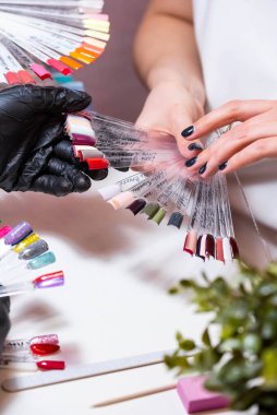 Güzellik salonunda bir müşterisi olan usta manikür ve pedikür dolabında jel rengini seçiyor. Müşteri seçimi için çok renkli oje paletinde farklı oje renkleri var. Tırnak sanatı 