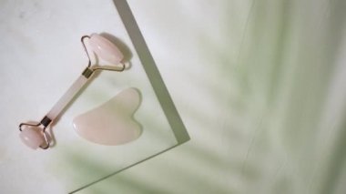 Yüz silindiri ve tropik palmiye yapraklarının soyut silueti ile guasha masaj aleti. Yüz bakımı ve anti-yaş ürünleri. Çin Gua Sha masaj aletleri gül kuvars. 