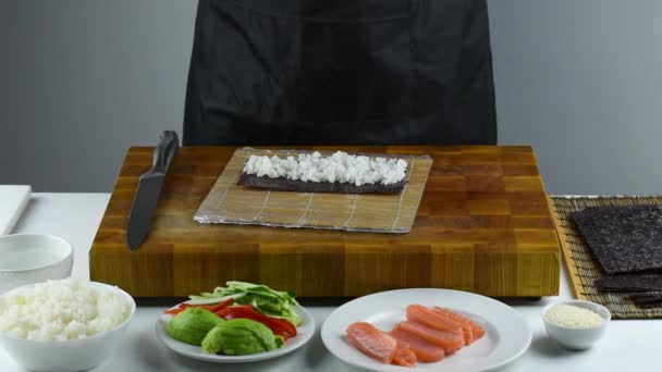 Close Sushi Chef Hands Preparing Japanese Food Man Cooking Sushi — Stock Video