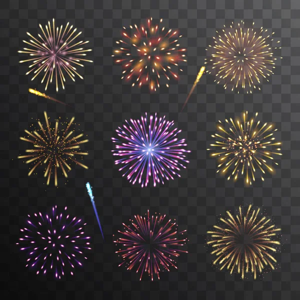 Vector Set Colorful Fireworks Dark Background — Stock Vector