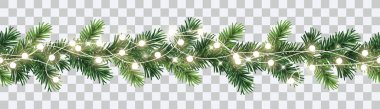 Şeffaf arkaplanda kozalaklı dalları ve parıldayan ışık zinciri olan kusursuz dekoratif Noel çelengi