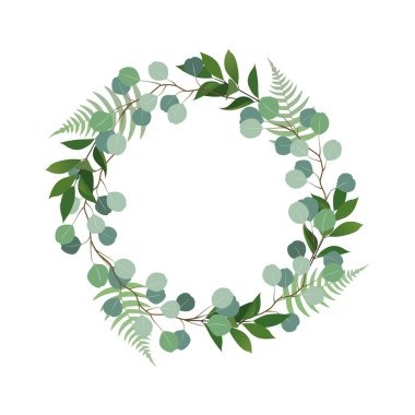 Vektör dekoratif pastel yuvarlak çerçeve, davetiye için yapraklı ve dallı çelenk veya beyaz arkaplanda izole edilmiş tebrik kartı