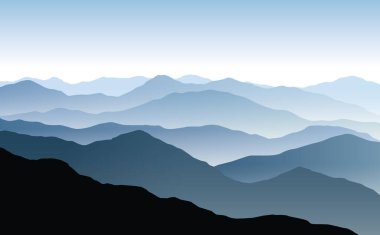 Mavi sisli dağ siluetleri ve berrak gökyüzü ile vektör panoramik manzara