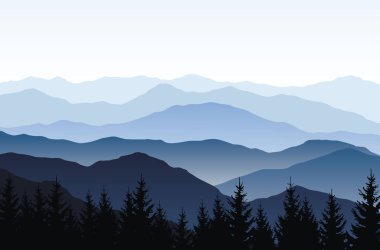 Dağların ve ormanın mavi siluetleriyle vektör doğa manzarası