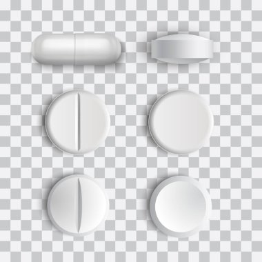 Şeffaf arka planda izole edilmiş farklı vektör gerçekçi beyaz haplar ve kapsüller.