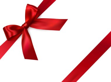 Beyaz arkaplanda dekoratif fiyonklu parlak kırmızı kurdele - davet, hediye paketi veya kart tasarımı