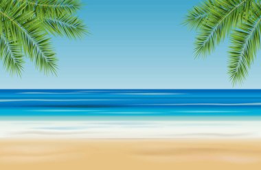 Deniz, kumlu plaj ve palmiye ağaçlarıyla tropik manzara - vektör illüstrasyon