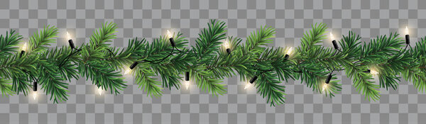 Vector seamless decorative christmas garland with coniferous branches and glowing light chain on transparent background