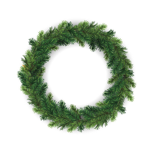 Vector christmas decorative round wreath frame with coniferous branches isolated on white background