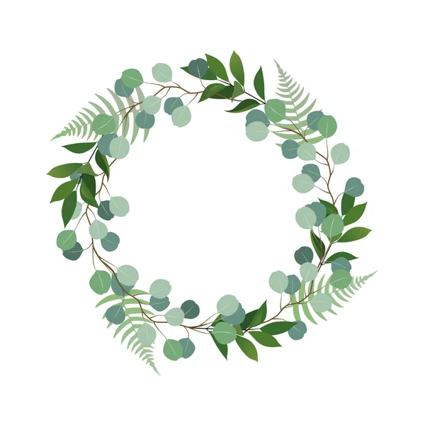Vektör dekoratif pastel yuvarlak çerçeve, davetiye için yapraklı ve dallı çelenk veya beyaz arkaplanda izole edilmiş tebrik kartı