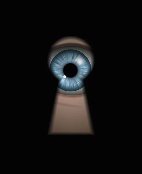 Vector Illustration Human Blue Eye Peeking Dark Keyhole Spying Someone — Stock Vector