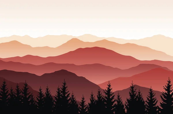 Pemandangan Alam Vektor Dengan Siluet Merah Pegunungan Dan Hutan - Stok Vektor