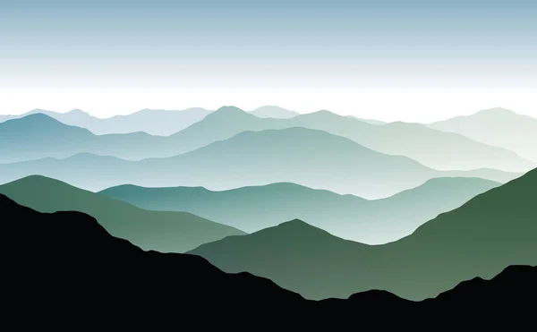 Paisaje Panorámico Vectorial Con Siluetas Brumosas Azules Verdes Montañas Cielo — Vector de stock