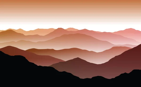 Векторный Пейзаж Заката Рассвета Туманными Красными Оранжевыми Силуэтами Гор Холмов — стоковый вектор