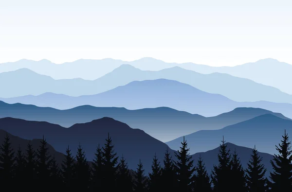 Paysage Naturel Vectoriel Avec Des Silhouettes Bleues Montagnes Forêts — Image vectorielle