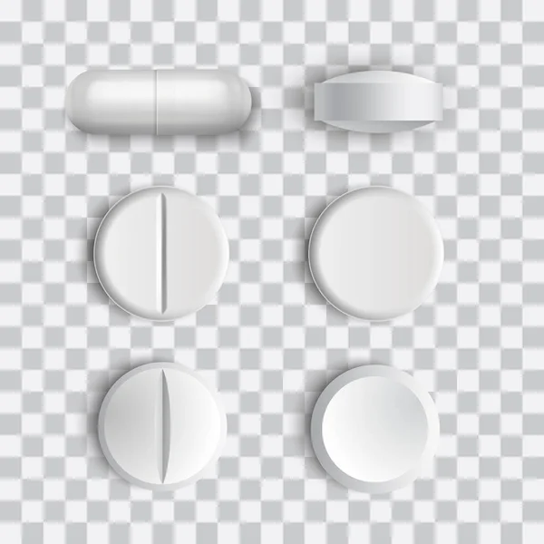 Állítsa Különböző Vektor Reális Fehér Tabletták Kapszulák Izolált Átlátszó Háttér — Stock Vector