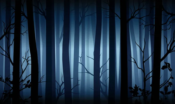 Vector Azul Misterioso Bosque Oscuro Paisaje Con Siluetas Árboles Ramas — Vector de stock