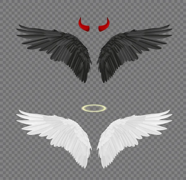 一组在透明背景下隔离的天使和魔鬼现实的翅膀 角和光环 — 图库矢量图片